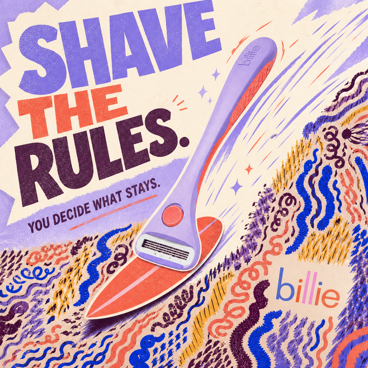 Billie Shave the Rules campaign ad showing a redesigned razor surfing through colorful body-hair-inspired lines