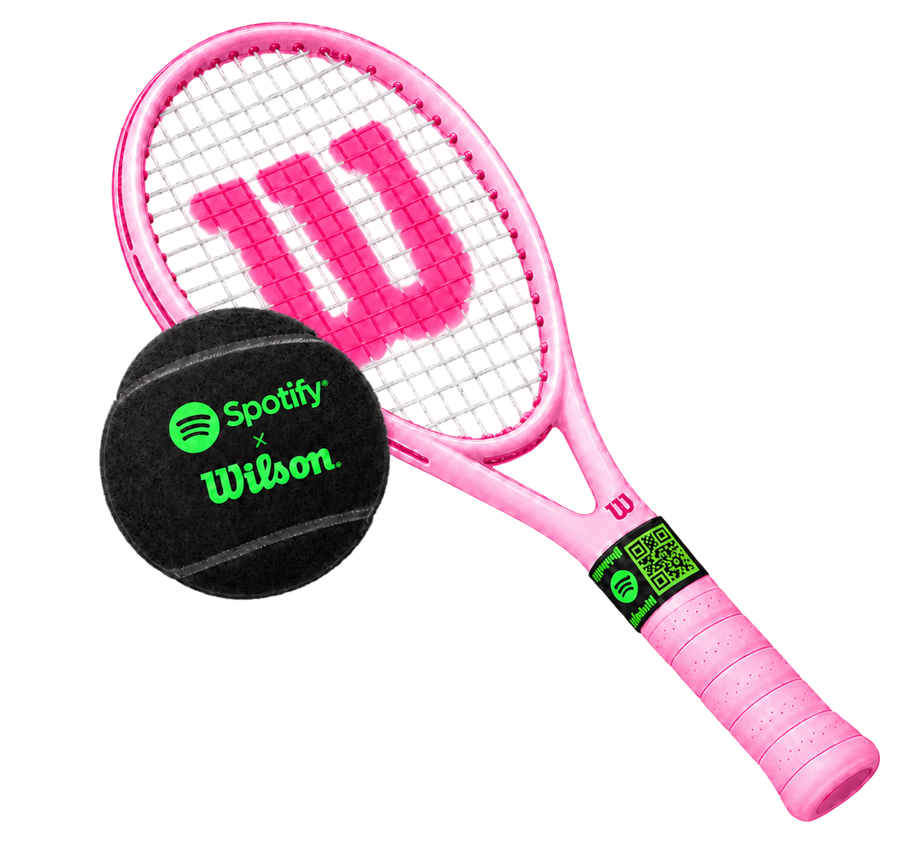 Illustrated black Spotify × Wilson tennis ball with green branding and a pastel-pink Wilson racket with a decorative QR code on its handle